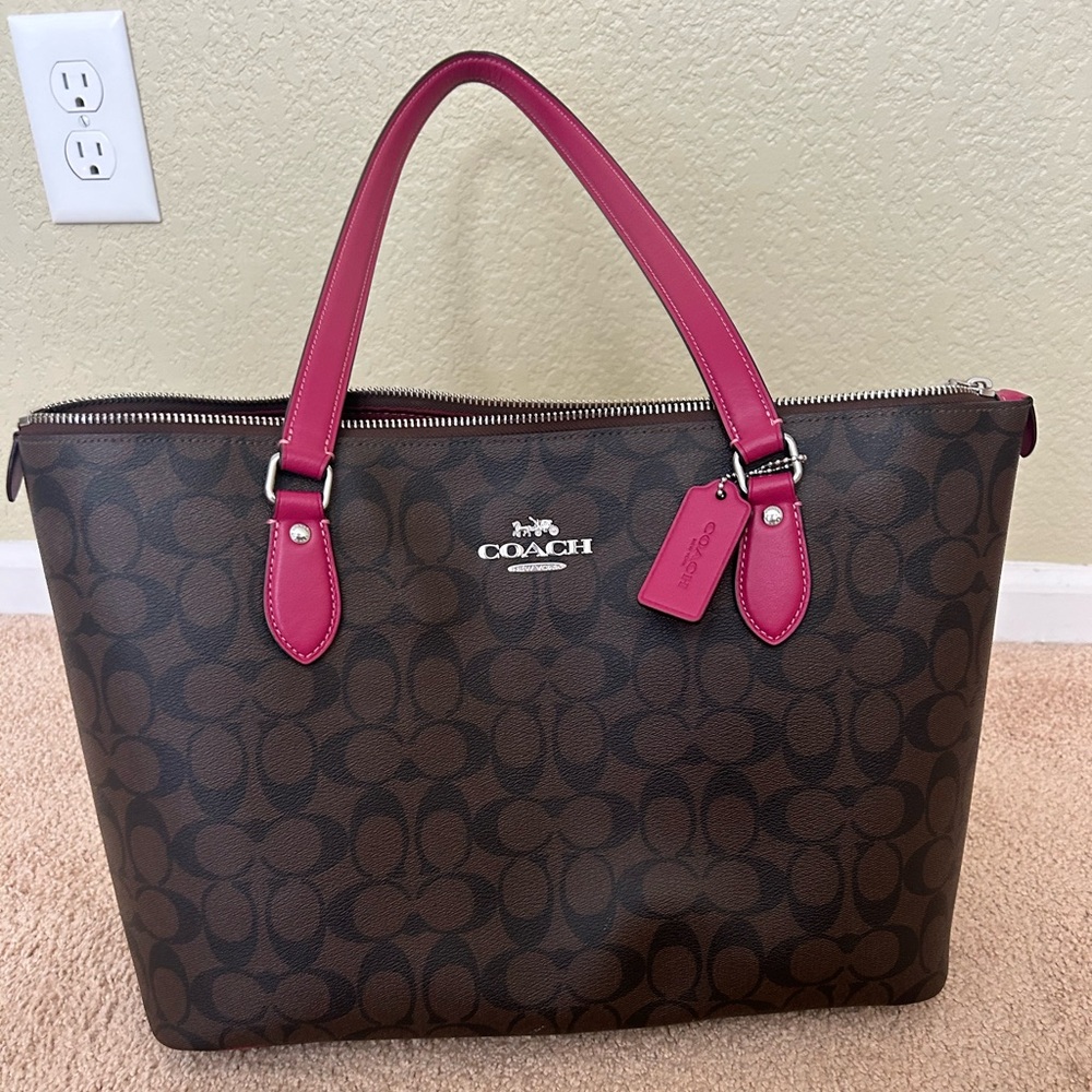 Coach Monogram Gallery Tote with Magenta Straps